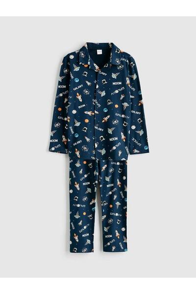 LC Waikiki Set de pijamale pentru băieți cu model pe guler, albastru marin (S6)