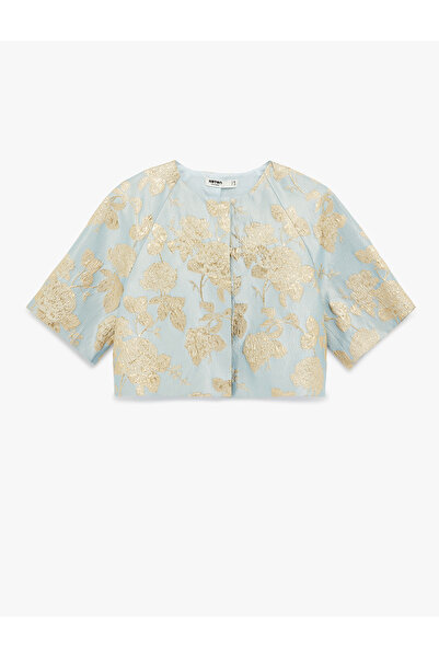 Koton 3/4 Sleeve Crew Neck Metallic Embroidered Crop Jacket