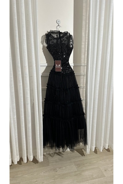 Ora Black dress with a sequined bodice, evening wear, and layered Taiwanese t...