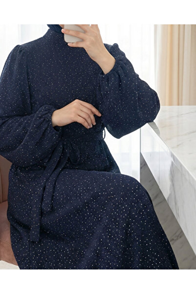 Modamorfo Hakim Collar Belted Stoned Lined Dress - Navy Blue