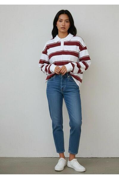 TRİNİTY Kadın Çizgili Polo Yaka Uzun Kollu T-Shirt
