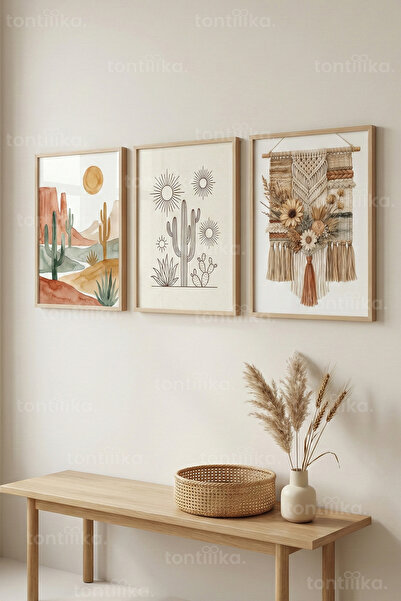 Tontilika Bohem Çöl Manzarası 3’lü Ahşap Çerçeveli Tablo Seti