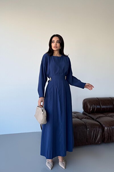 Serica Moda Navy blue pleated maxi dress with waist tie