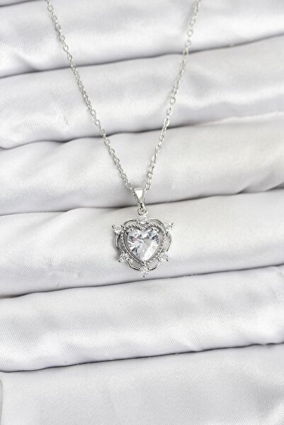 norsary 316L Steel Chain Silver Color Heart Model Zircon Stone Women's Necklace