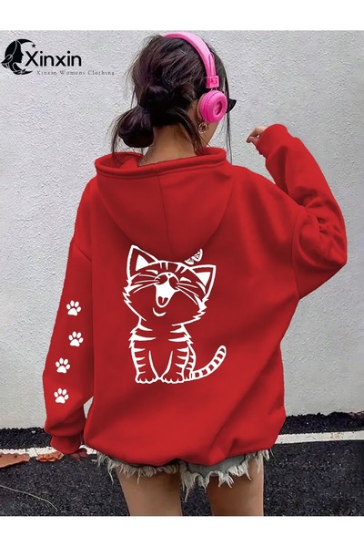 ship master Women's Hooded Sweatshirt with Cute Cat and Paw Print, Comfortabl...