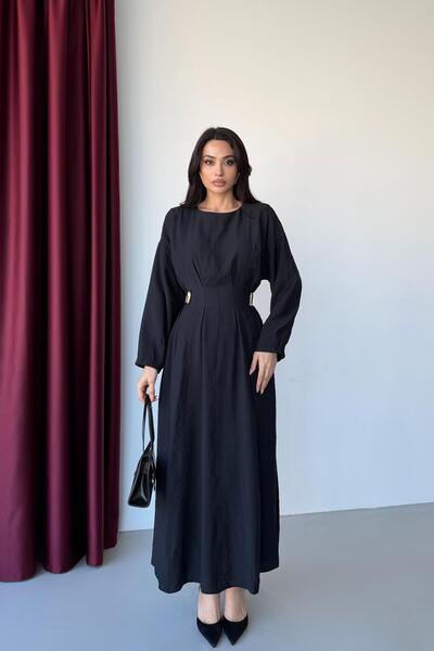 Serica Moda Siyah Belden Oturtmalı Pliseli Uzun Elbise
