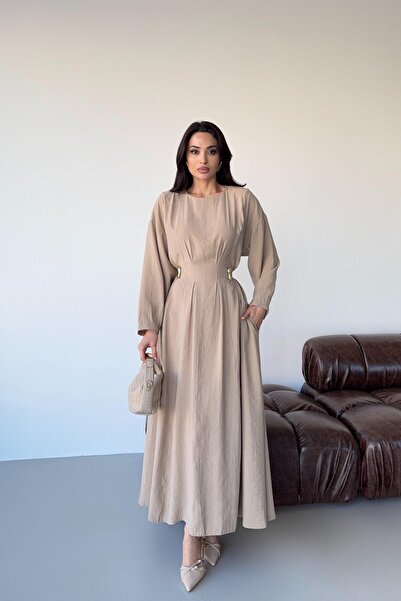 Serica Moda Stone-Colored Pleated Long Dress with Waistband