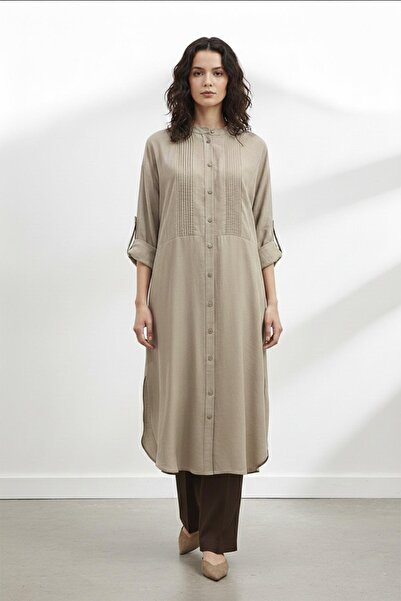 Puane Women's Long Sleeve High Collar Buttoned Long Tunic with Pleated Detail...