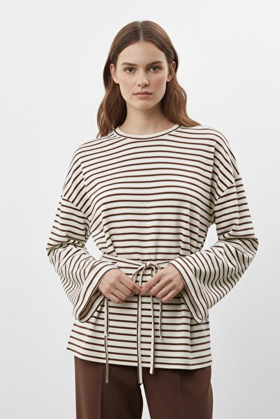 Soul Women's Long Sleeve Striped Waist-Tied Relaxed Fit Tunic-32484Tun - Brown