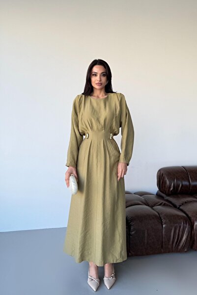 Serica Moda Khaki Pleated Long Dress with Waistband