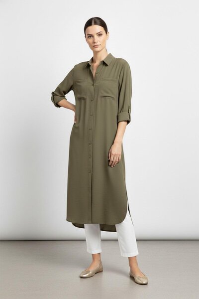 Puane Women's Long Buttoned Oversize Shirt with Pockets -10764 - Olive