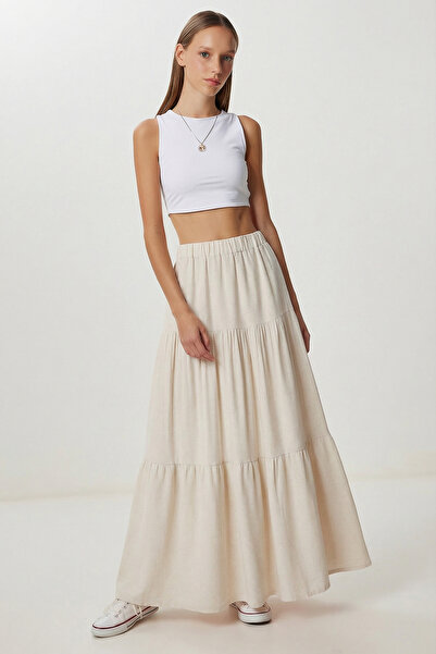 Lovelyİstanbul Volanlı Yazlık Keten Etek LKT0005 TAŞ