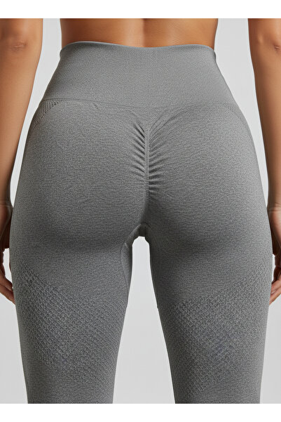 AYLE MODA Kadın Yüksek Bel Scrunch Detaylı Dikişsiz Spor Tayt Takımı – Gri