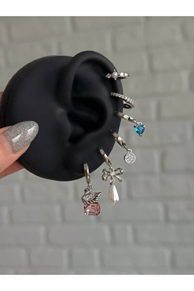 h&b design jewel Kuğu Detaylı Silver 6 Lı Küpe Seti