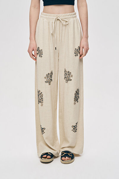 Orfeo Negro Pantaloni Palazzo Natur din bumbac și in, brodați cu mărgele, pen...