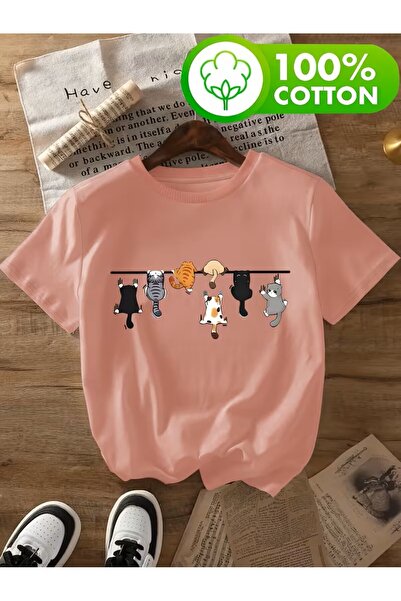 H&GHAMLEGİYİM Καλοκαιρινό κοντομάνικο μπλουζάκι Cat, 100% άνετα γυναικεία ρούχα