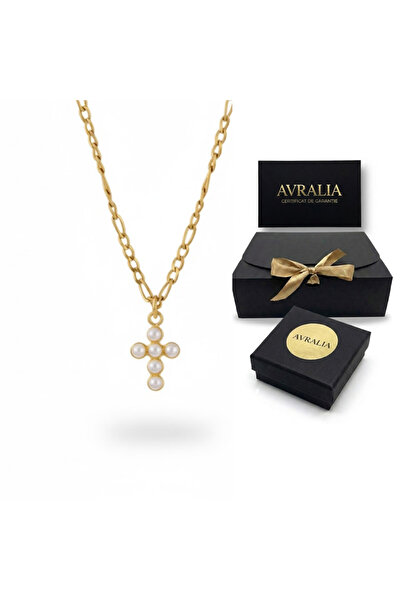 AVRALIA Lănțișor Placat cu Aur 18K cu Pandantiv Cruce din Perle, 40 cm + Exte...