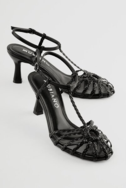 Mubiano Women's Heeled Shoes Hand Knitted Sandals Camia Black