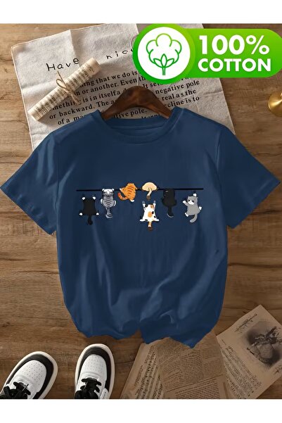 H&GHAMLEGİYİM Καλοκαιρινό κοντομάνικο μπλουζάκι με σχέδιο γάτας, 100% άνετα γ...