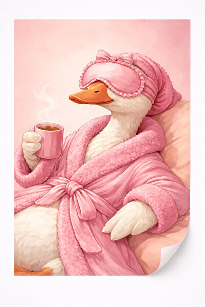 Viela Home Çerçevesiz Pembe Bornozlu Kahve İçen Ördek İllüstrasyon Poster Duv...