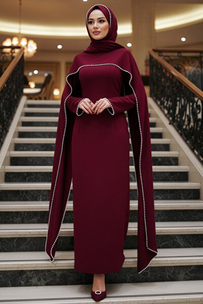 N.S NEVA STYLE Burgundy Hijab Evening Dress with Cape 55481Br