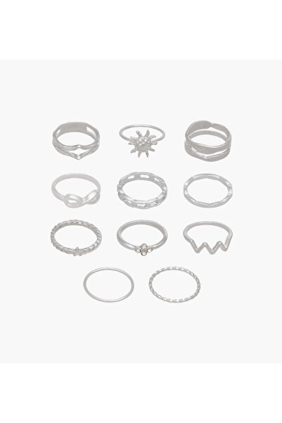 Lifestyle مجموعة من 11 خاتمًا فضي اللون بتصميم مزخرف