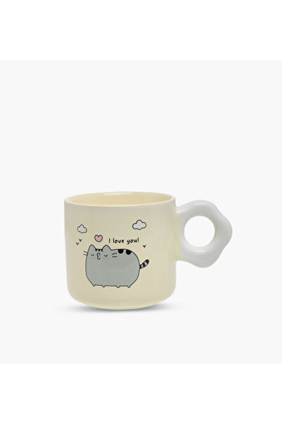 Lifestyle كوب من الخزف الصيني الفاخر مطبوع عليه شعار قطة، بمقبض منحني - 320 مل