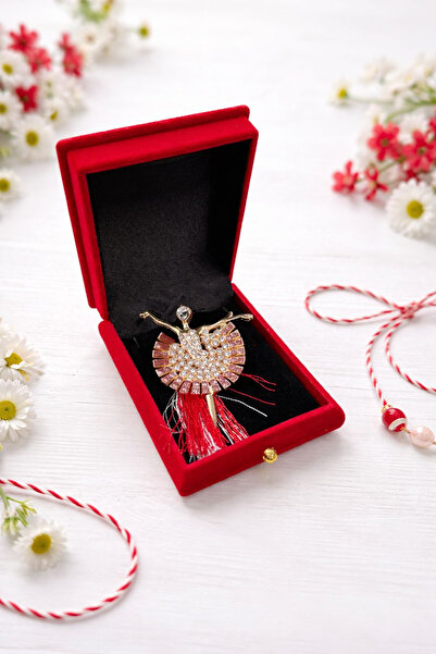 OEM Golden ballerina brooch with white and pink rhinestones in red velvet che...