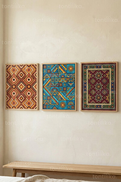 Tontilika Etnik Geometrik Desenler 3’lü Ahşap Çerçeveli Tablo Seti