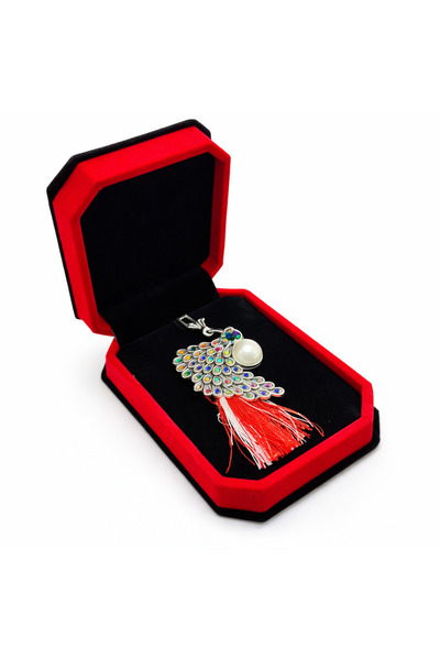 OEM Peacock Brooch with Multicolored Rhinestones and Pearl in Velvet Box