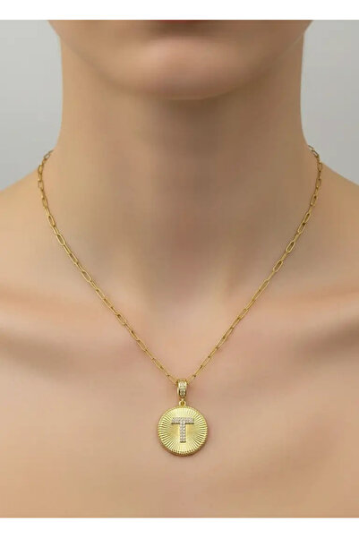 BİJU YILMAZ قلادة على شكل حرف T من الفولاذ الذهبي - 25-clkk203