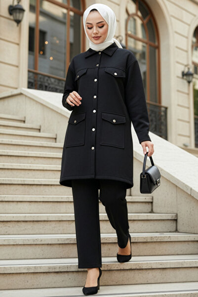 N.S NEVA STYLE Buttoned Black Hijab Double Set 13323S