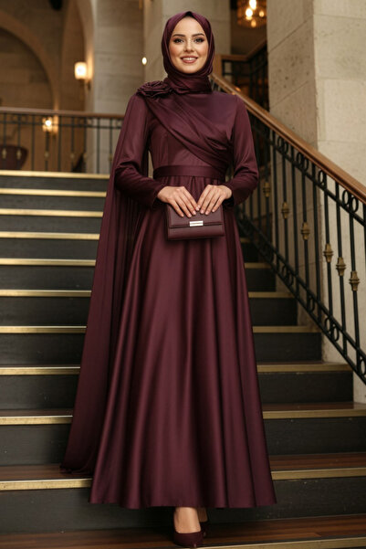 N.S NEVA STYLE - Cape Detailed Dark Brown Hijab Evening Dress 57915Kkh
