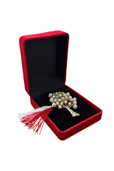 OEM Christmas Tree Brooch with Pearls and Colorful Rhinestones in Velvet Box