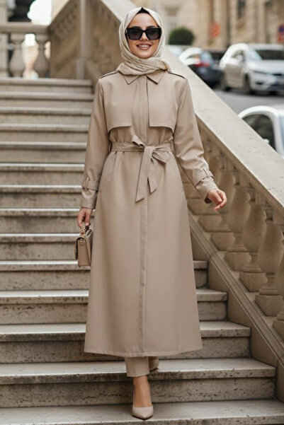 N.S NEVA STYLE Belted Biscuit Hijab Trench Coat 10700Bs