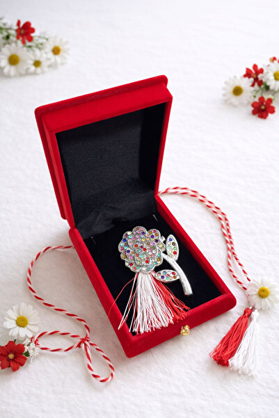 OEM Silver rose martisor brooch with rhinestones in premium velvet box 8.5cm