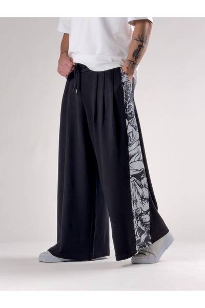 COCOPELLI بنطلون ساموراي أسود منقوش للرجال قصة فضفاضة COC2771