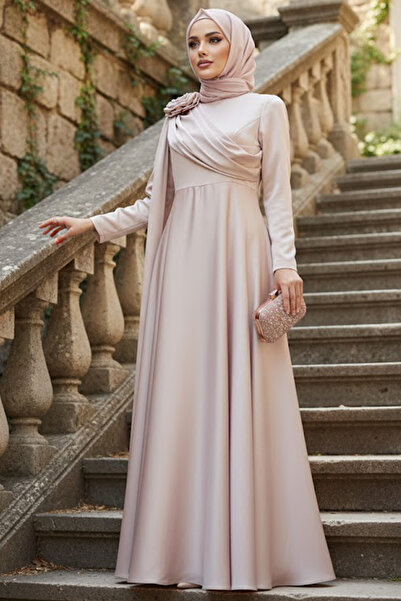 N.S NEVA STYLE - Beige Hijab Evening Dress with Cape Detail 57915Bej