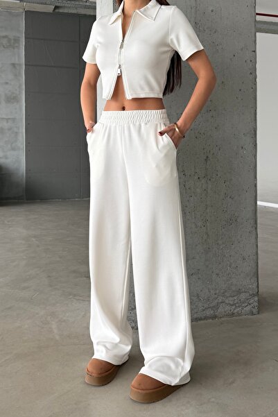 BEJNA Women's Double Zipper Detailed Modal Textured Top and Bottom Set