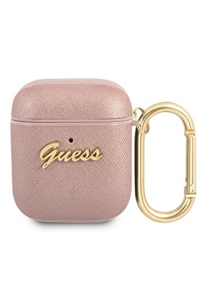 Guess Saffiano Script Metal Case for Apple AirPods 1/2 Pink