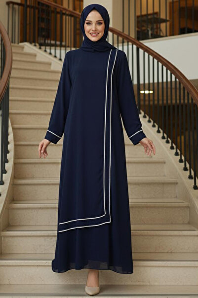 N.S NEVA STYLE Stripe Detailed Navy Blue Hijab Evening Dress 4874L