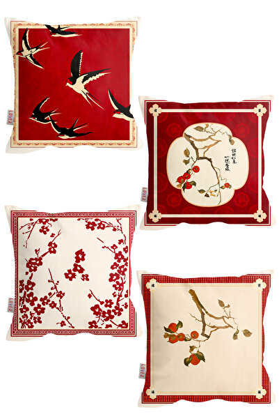 LOVER Çin şenlikli Kırmızı çift taraf baskılı kırlent kılıfı 4 lü