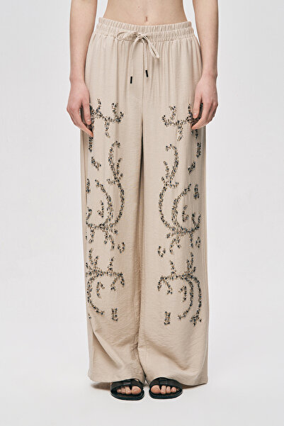 Orfeo Negro Pantaloni Palazzo din viscoză mătăsoasă, brodați cu mărgele de sa...