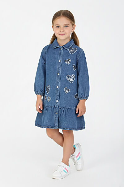 Dmb Girl's Sequined Heart Detailed Denim Dress