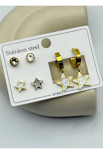 BİJU YILMAZ Steel gold stone star 6-piece earring - 25-clk76