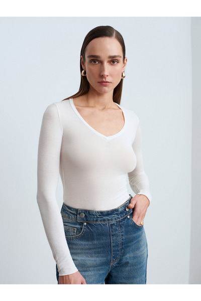 Dilvin 32310 V-Neck Cashmere Blouse-Ecru