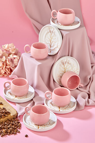 Erbaşlar مجموعة فناجين قهوة لـ 6 أشخاص من ليفينج تري باللون الوردي، طقم فناجين