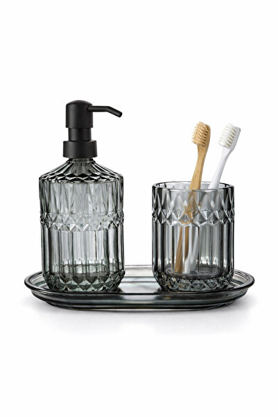 welcomein Cam Sıvı Sabunluk & Diş Fırçalık Seti – Tepsili, Füme Cam, Modern B...