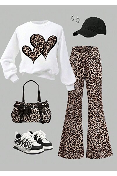 VESTIR BIEN Set de pantaloni largi cu imprimeu inimioare, 2 piese, pentru fet...