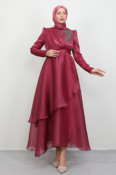 Lamia Giyim Taşlı Organze Abiye Koyu Pembe